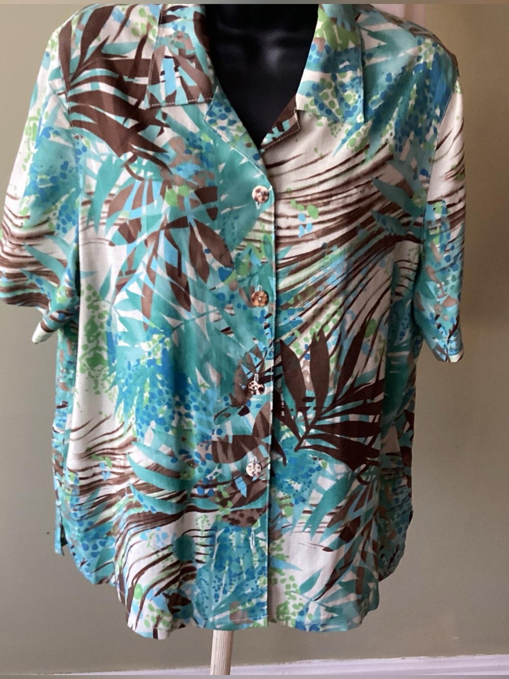 Vintage Women’s Koret Linen  Print Button-Front Shirt. Tropical print Lg P